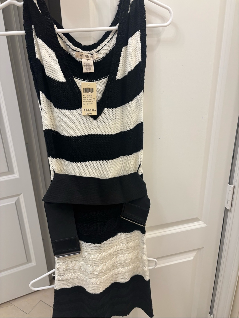 Ardene Black and White Striped V-Neck Sweater Dress with Peplum